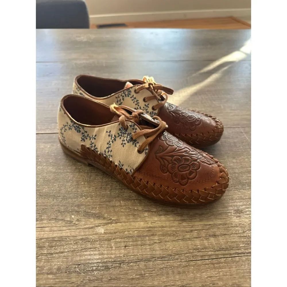 Sundance Laidback London Coriander Oxfords Brown Leather Floral Size 38